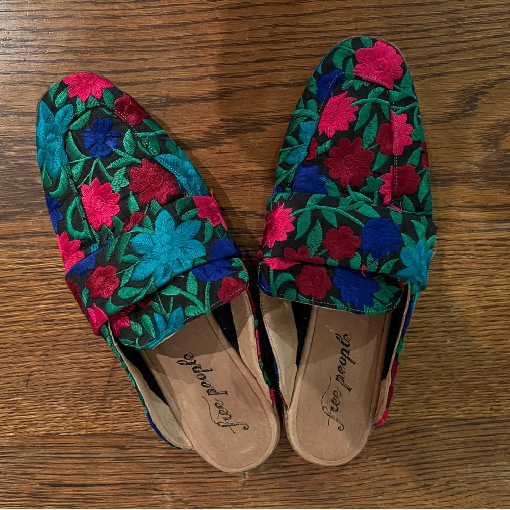 Free people slip one embroidered mules